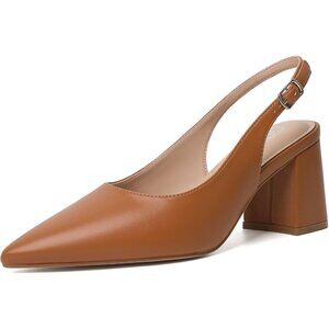 Women's Brown Pointed Closed Toe Slingback Chunky Heels Office Work Pump Shoes